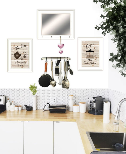 Set Of Three Coffee And Tea White Framed Kitchen Wall Art With Mirror